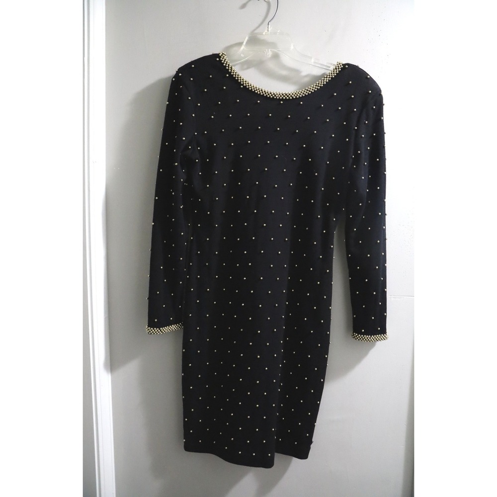 St.‎ Al Vintage Black Gold Beaded Long Sleeve Mini Dress Deep V Back Size 6